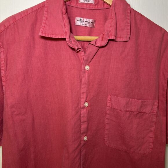 Peter Millar Seaside Button Up Shirt Mens Medium Short Sleeve Red Cotton Silk - Picture 2 of 9